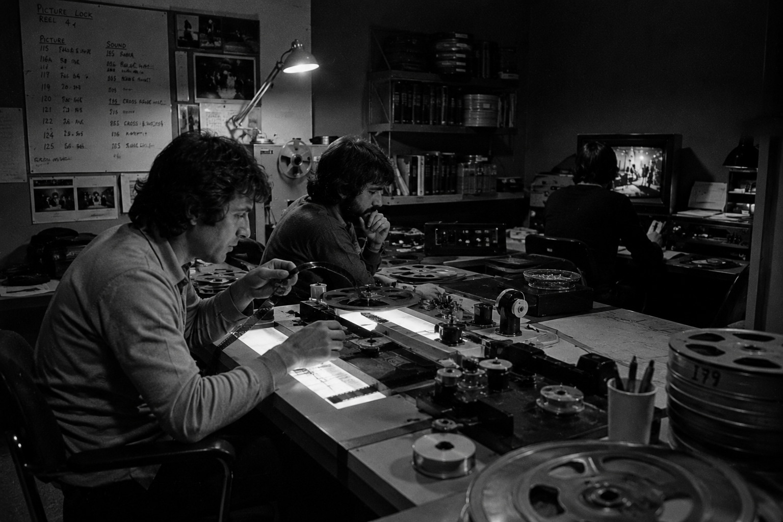A black-and-white 1980s film crew reviews storyboards, camera notes, and a CRT monitor beside a film camera.