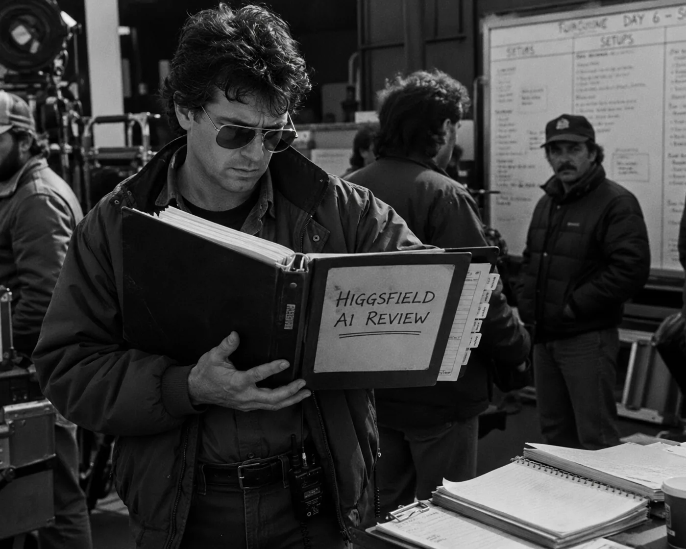 A black-and-white 1980s film set still with a crew member reviewing a binder labeled Higgsfield AI review.