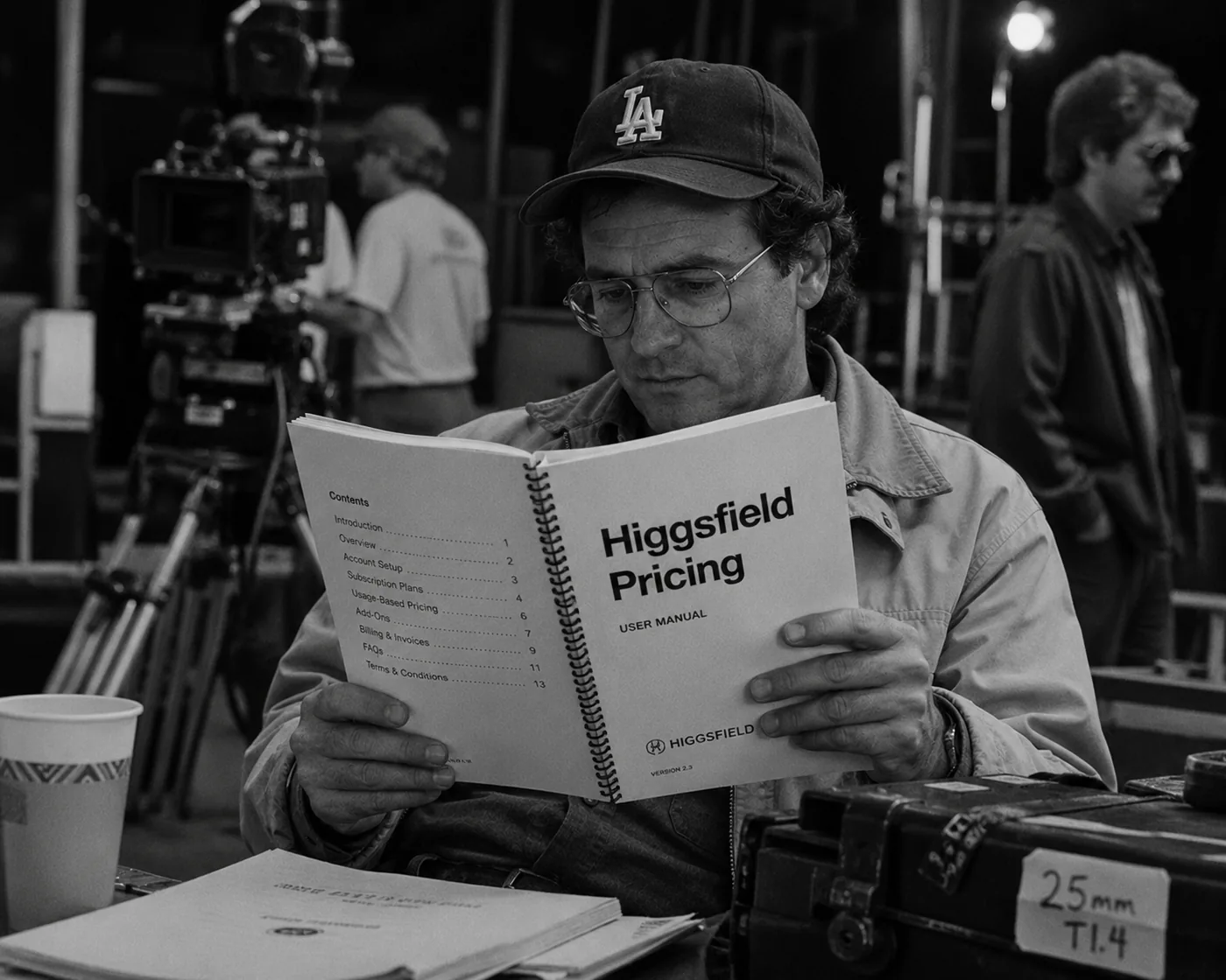 A black-and-white 1980s film set still with a crew member reading a Higgsfield pricing manual beside camera gear.