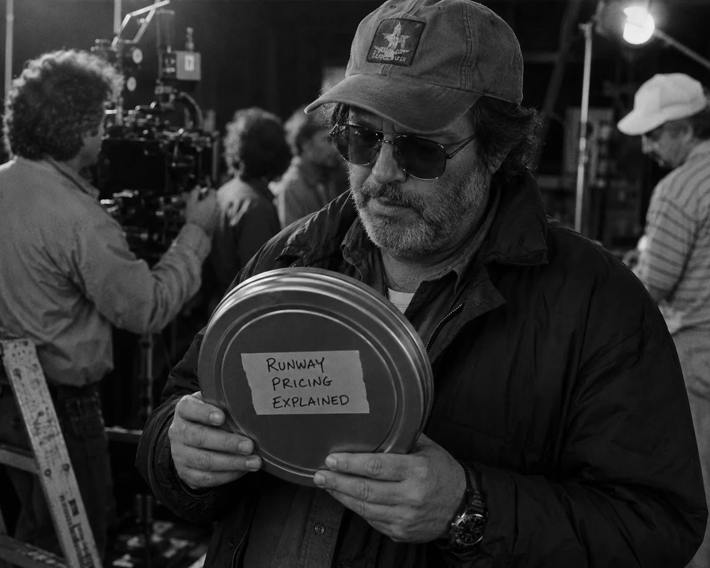 A black-and-white 1980s film set still with a crew member holding a film can labeled Runway pricing explained.