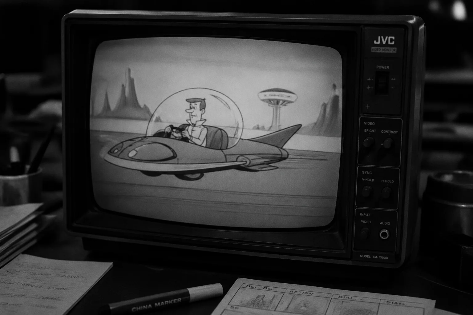 A black-and-white CRT monitor showing an animated flying car shot beside storyboard notes and production markers.