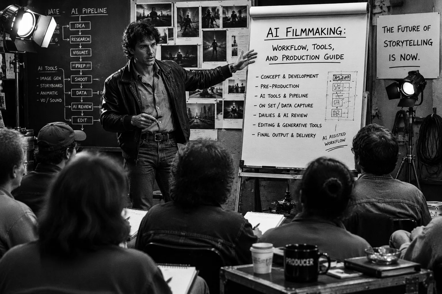 A black-and-white production workshop where a filmmaker presents an AI filmmaking workflow chart to a seated crew.