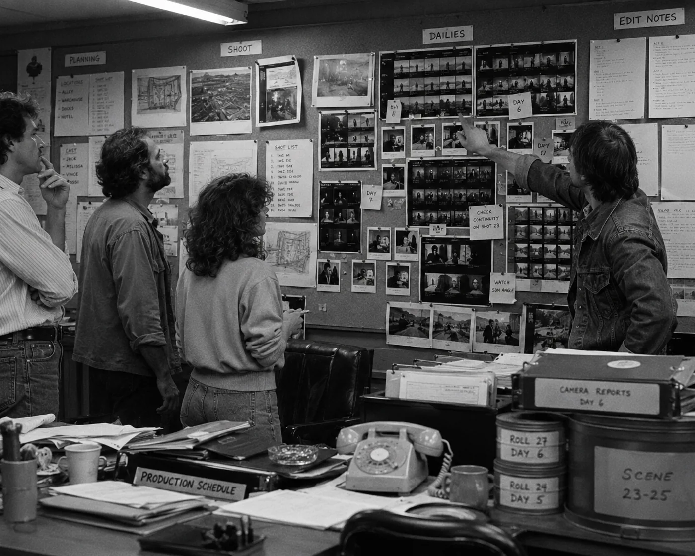 A black-and-white 1980s production office still with film crew reviewing planning, shoot, dailies, and edit notes on a wall.
