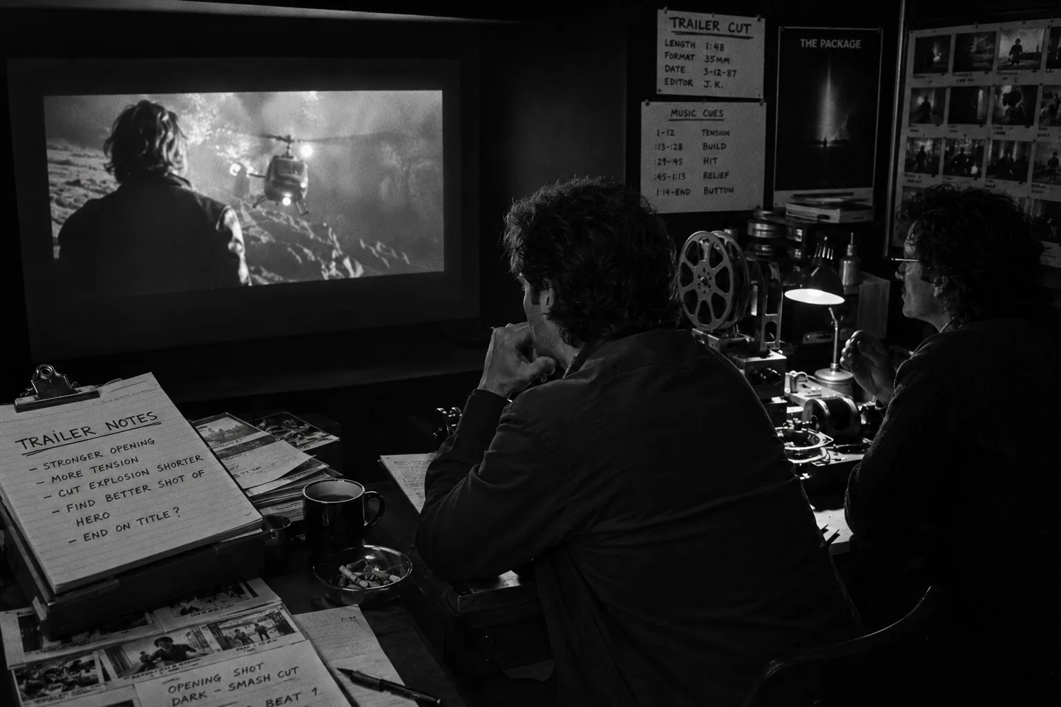 A black-and-white 1980s edit bay where filmmakers review a trailer cut beside notes, reels, and storyboard frames.