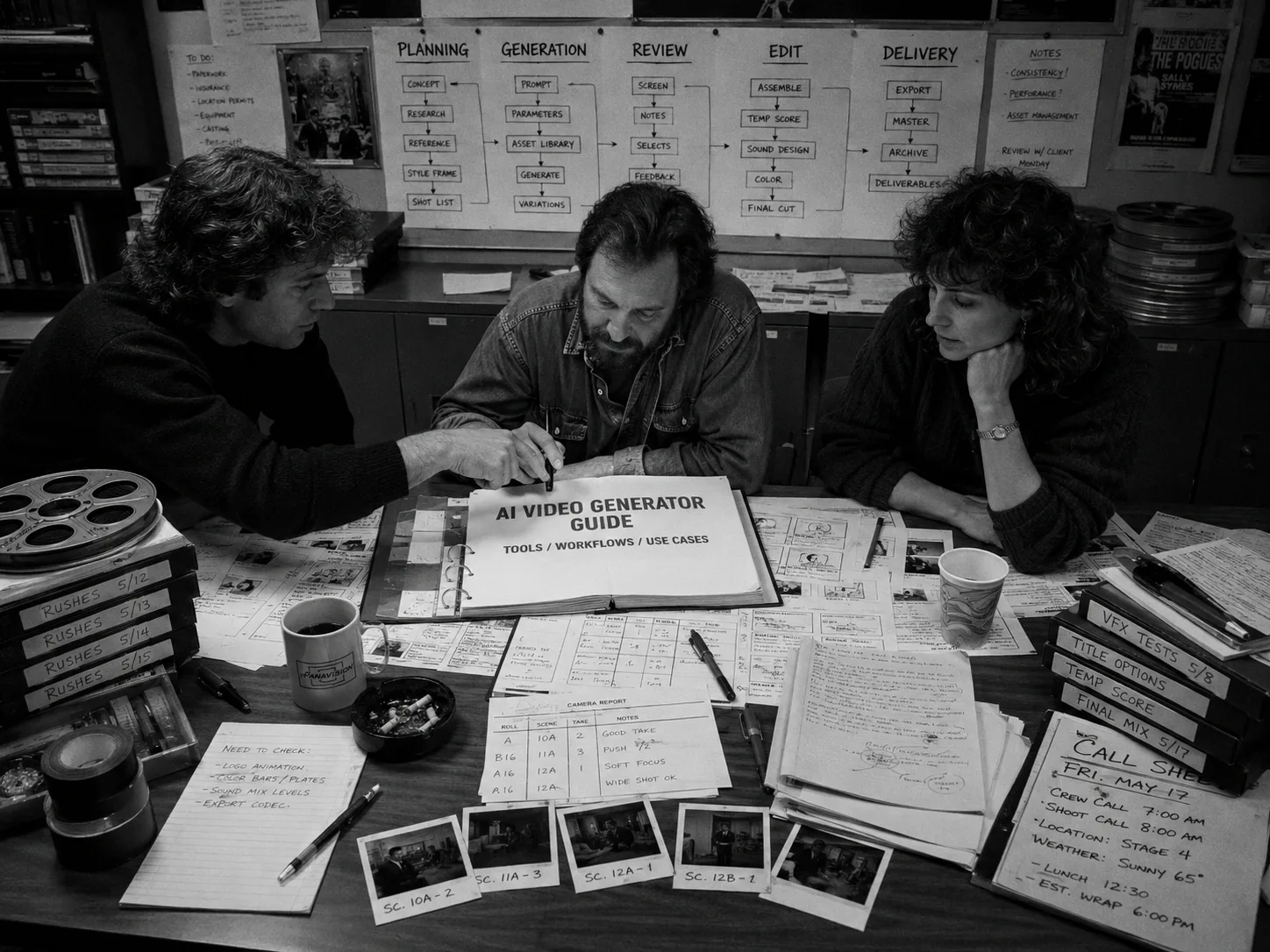 Three filmmakers review an AI video generator workflow binder at a production table with planning charts behind them.