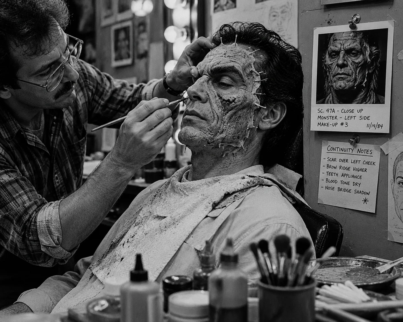 A black-and-white 1980s film set still with a makeup artist applying prosthetics beside pinned character continuity notes.
