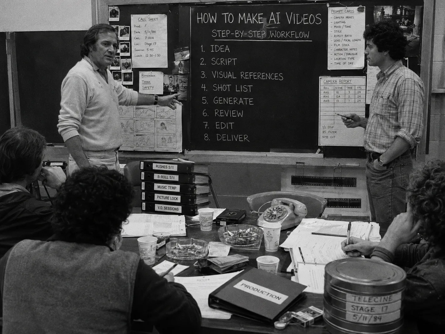 A black-and-white production meeting where filmmakers review a chalkboard workflow for making AI videos step by step.