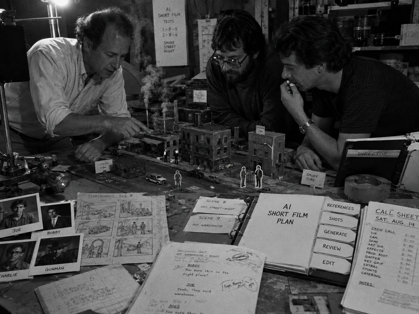 Three filmmakers plan an AI short film around a miniature city set with storyboards, character references, and shot notes.