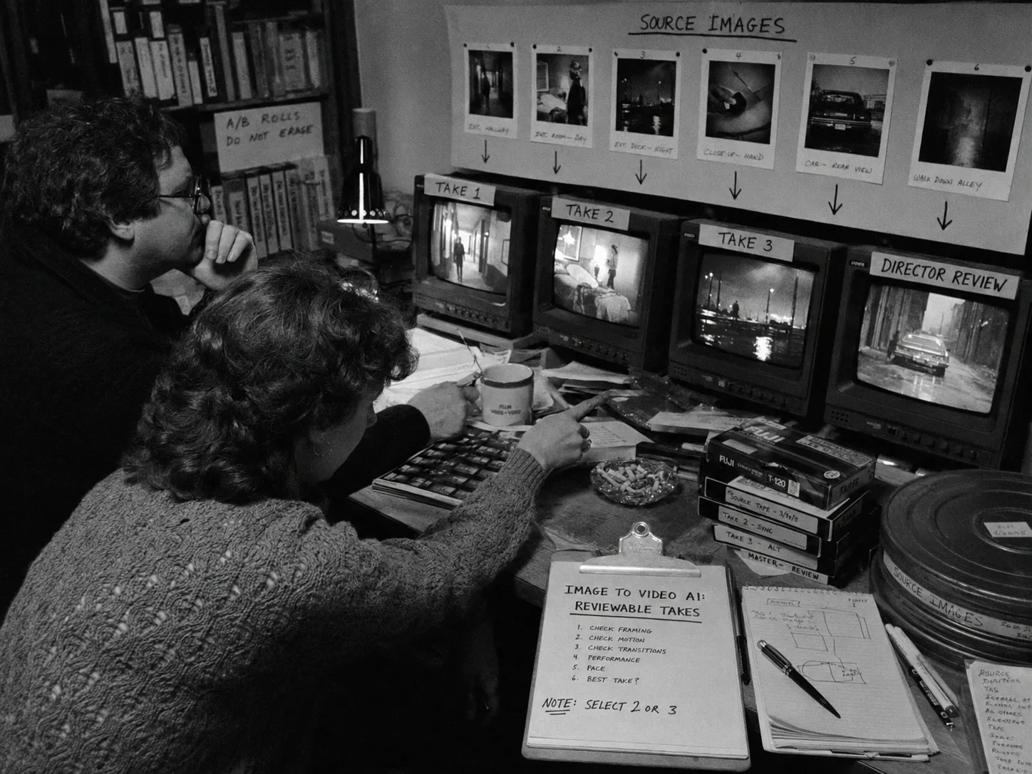 Two filmmakers review image-to-video AI takes on monitors beneath pinned source images and shot notes.