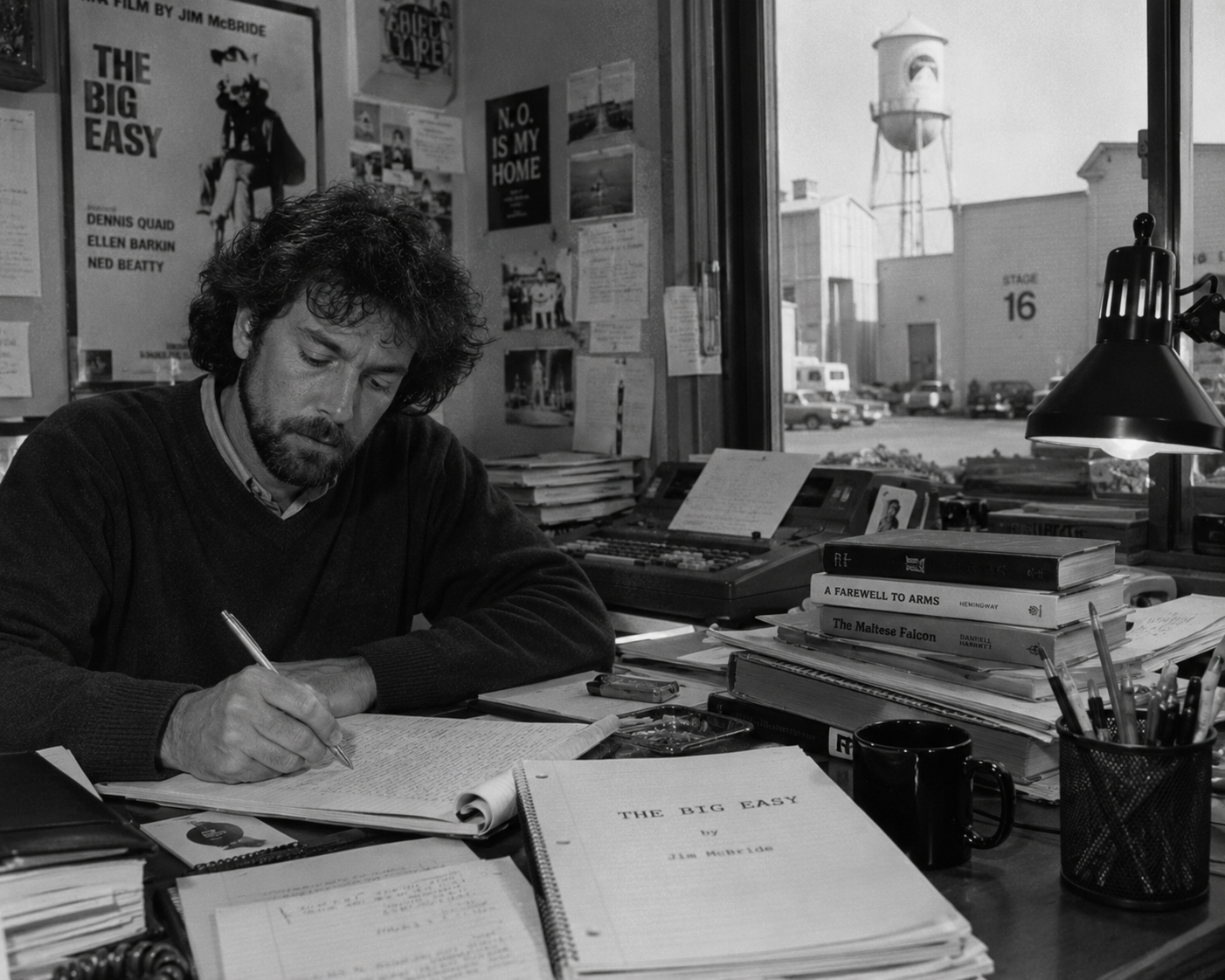 A black-and-white 1980s film crew reviews storyboard pages, frame photos, and take strips beside a camera and CRT monitor.