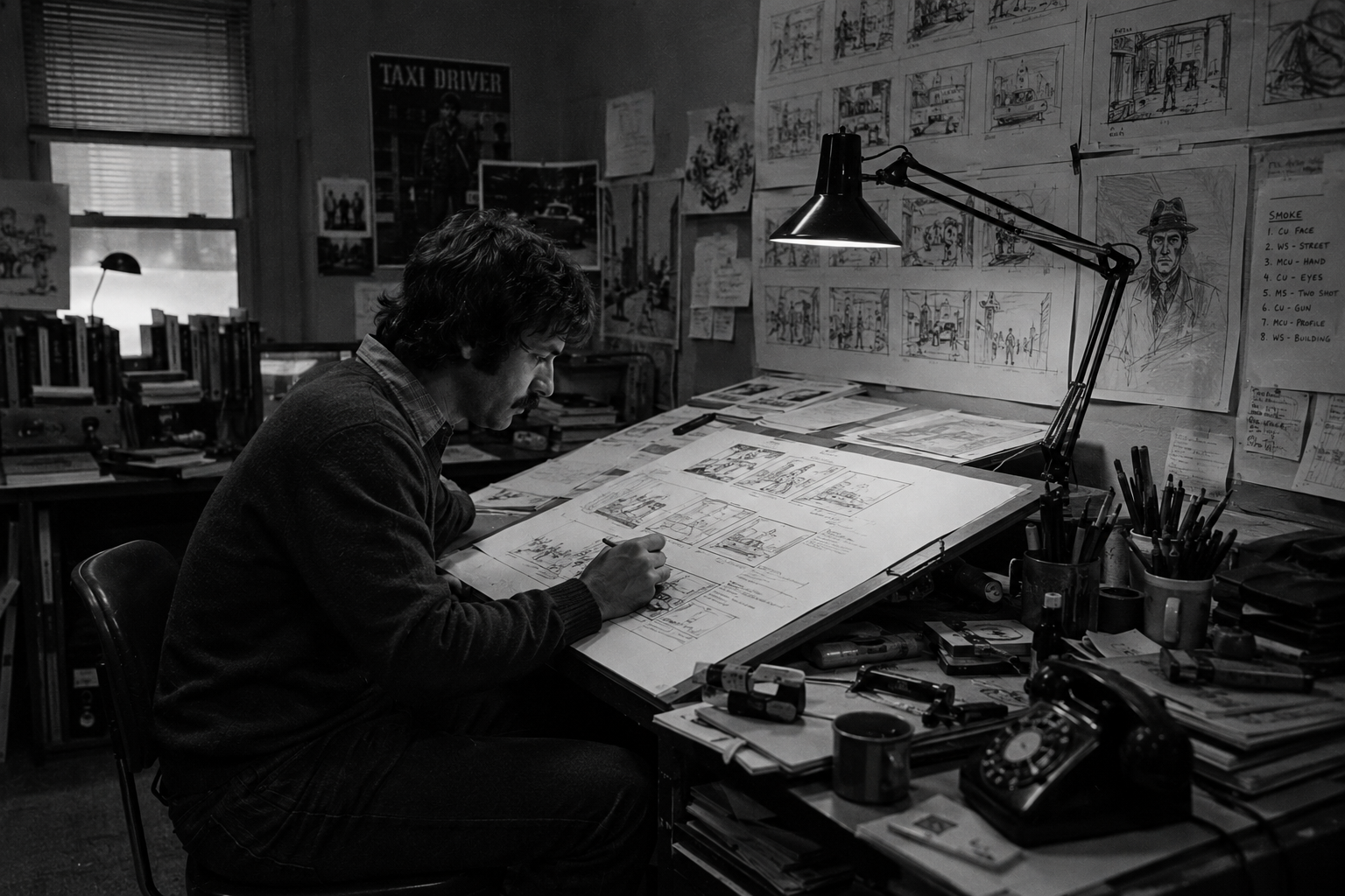 A black-and-white 1980s-style film set still with crew planning beside a wall of rough storyboard panels.