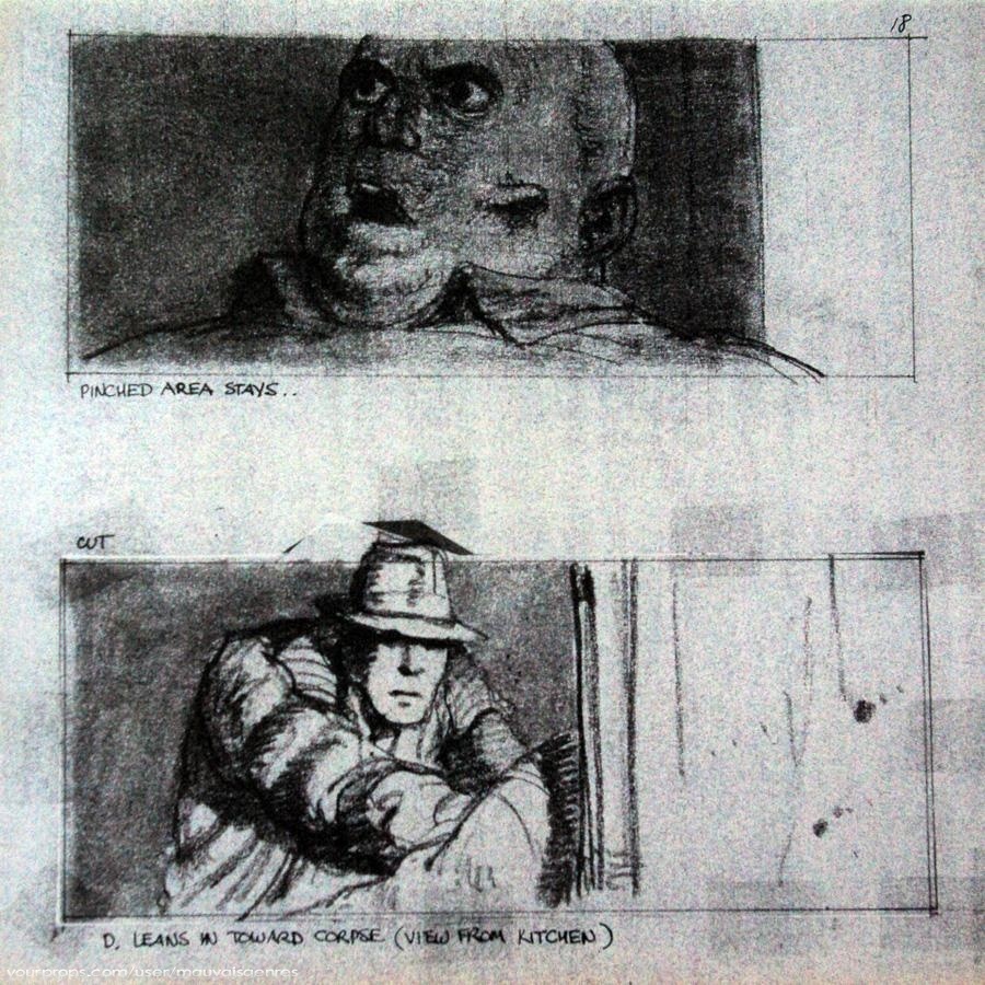 Sherman Labby storyboard panels for Blade Runner showing noir staging and shadow.