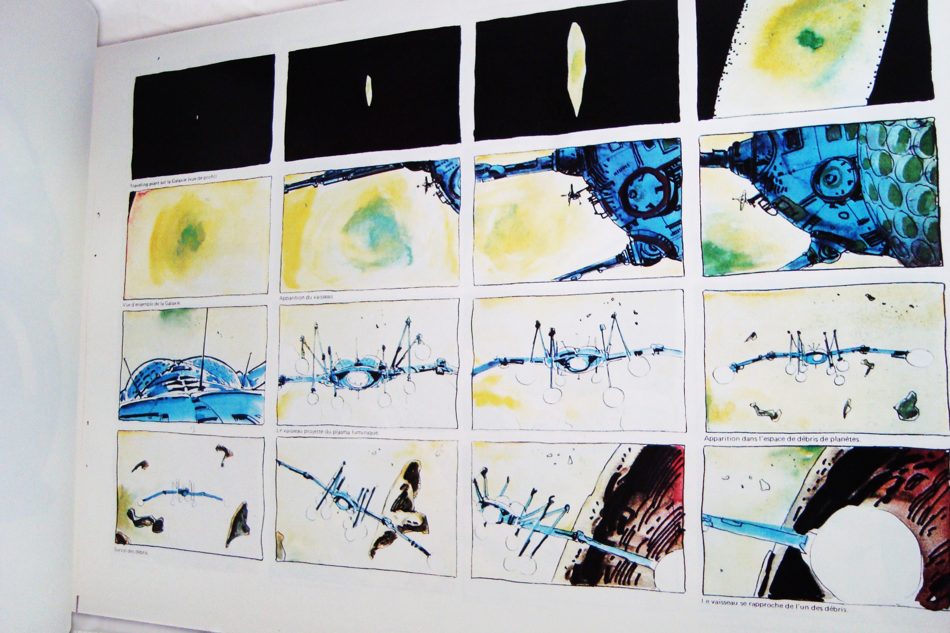 A Moebius storyboard page from Jodorowsky's Dune showing a spaceship sequence.