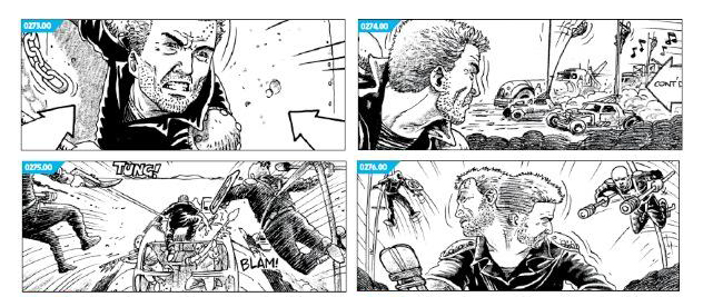 Mad Max: Fury Road storyboard panels showing Max and vehicle action beats.