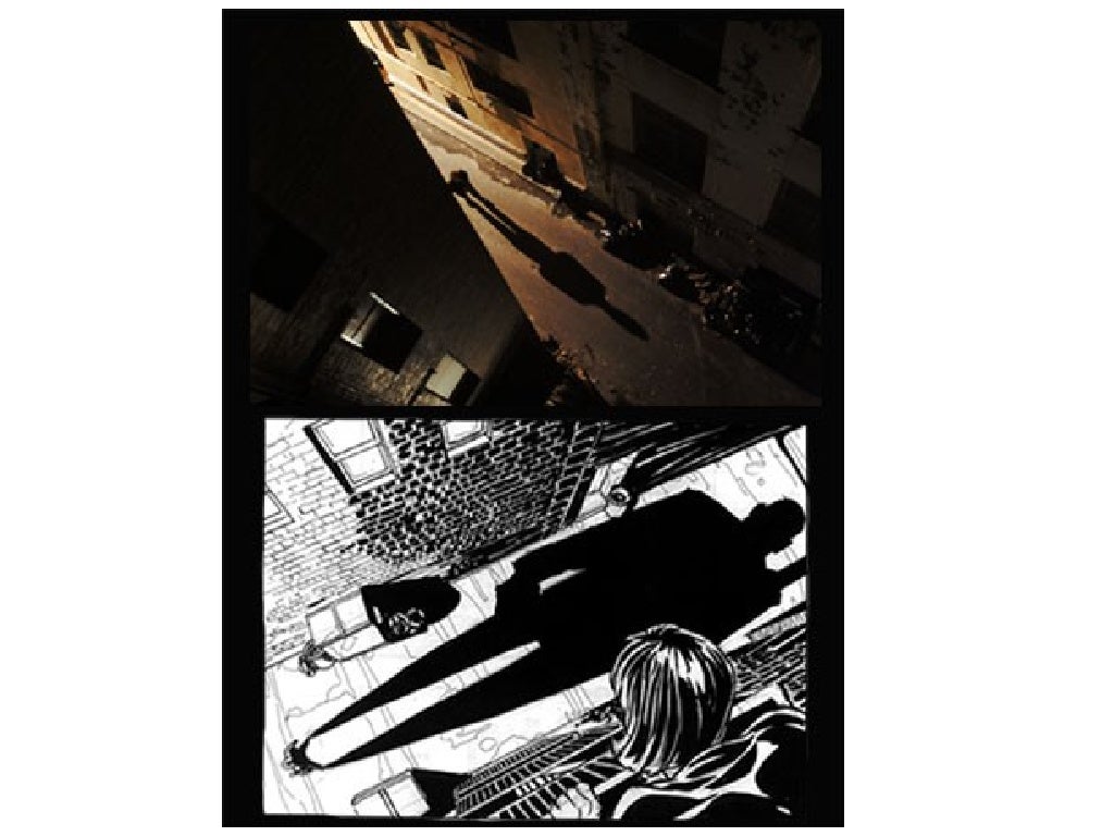 A Matrix storyboard-to-frame comparison showing a high-angle noir composition.