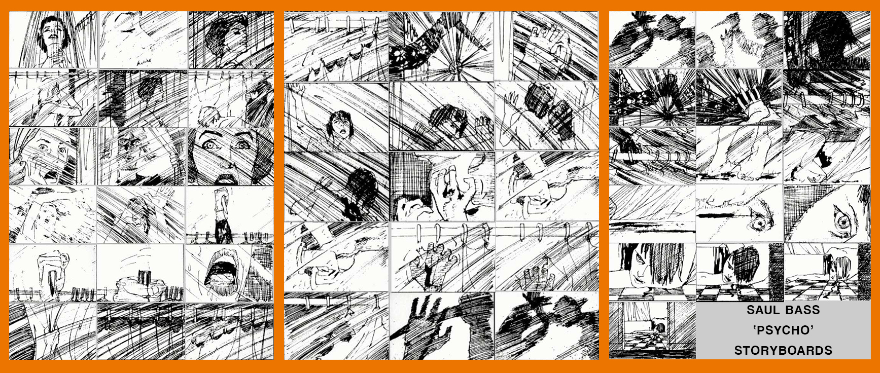 Saul Bass storyboard panels for Psycho shown beside finished shower-scene frames.