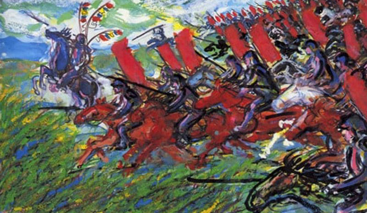 A painted Akira Kurosawa storyboard image for Ran showing mounted warriors and red banners.