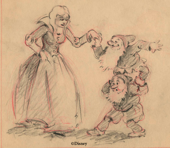 A Snow White and the Seven Dwarfs story sketch showing Snow White interacting with a dwarf.