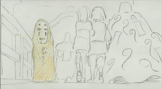 A Spirited Away storyboard comparison image showing one of Miyazaki's rough storyboard frames.