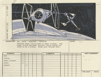 A Joe Johnston storyboard panel for Star Wars showing TIE fighters pursuing a rebel cruiser.
