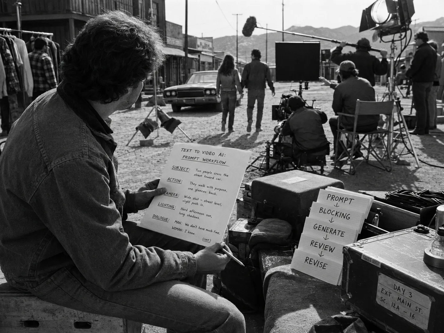 A filmmaker reviews a text-to-video AI prompt workflow on an outdoor film set while a crew blocks a street scene.