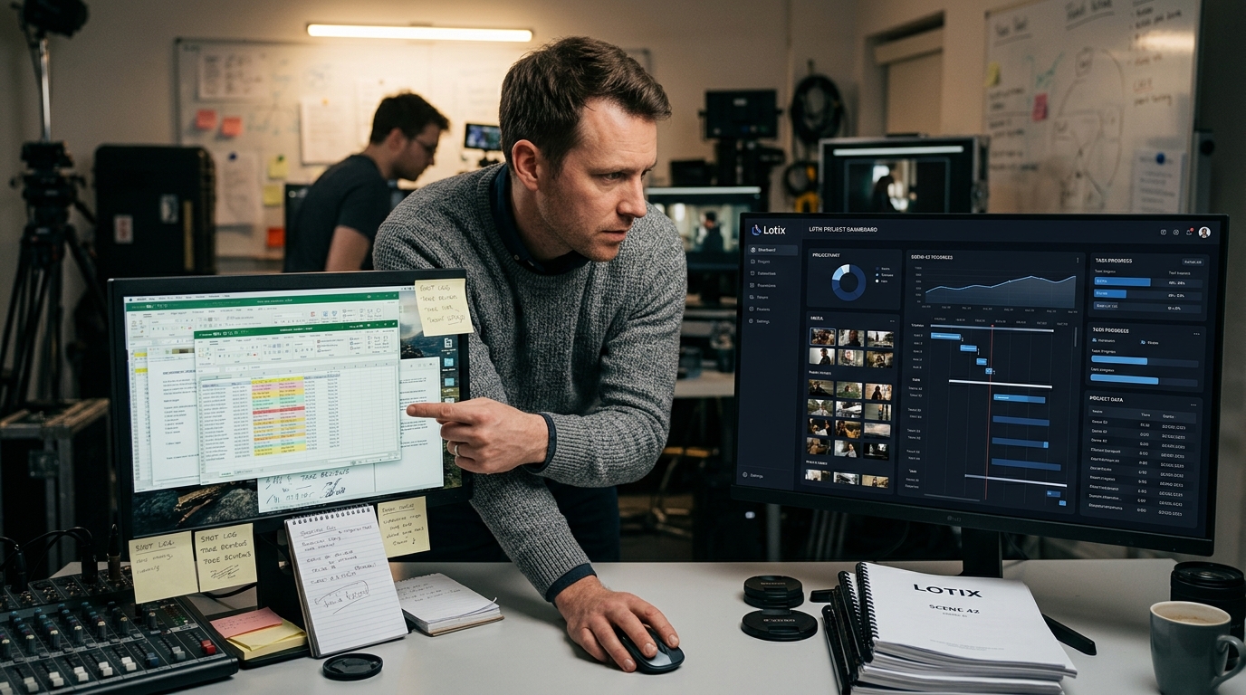 A professional filmmaker reviewing a detailed AI-generated shot list on a tablet, with a storyboard sequence displayed in the background.