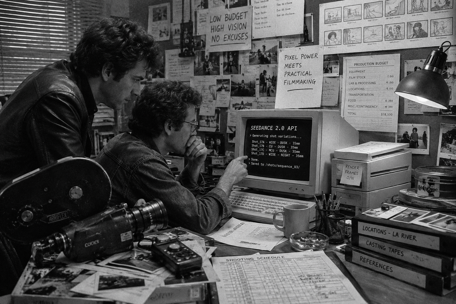 A black-and-white 1980s indie film crew works at a CRT terminal and cable patch bay beside a camera and shot paperwork.