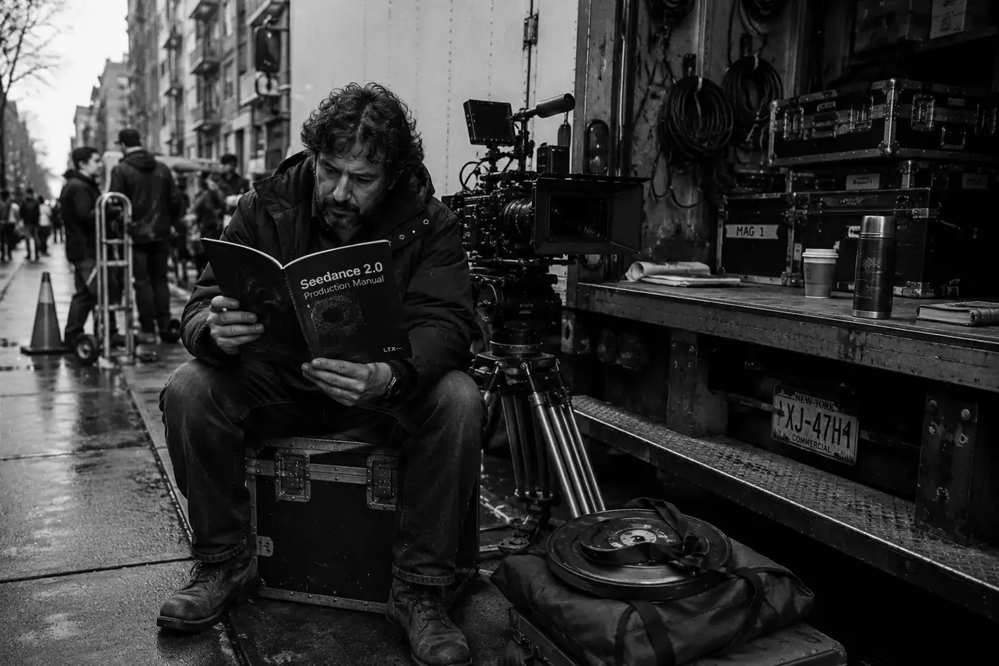 A black-and-white street production scene with a filmmaker reading a Seedance 2.0 production manual beside a cinema camera and equipment truck.