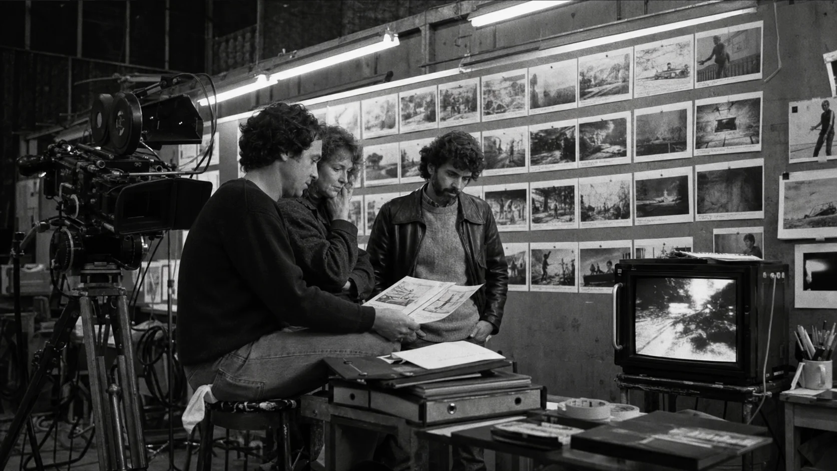 A black-and-white 1980s film crew reviews storyboard pages beside a cinema camera and CRT monitor before a model release.