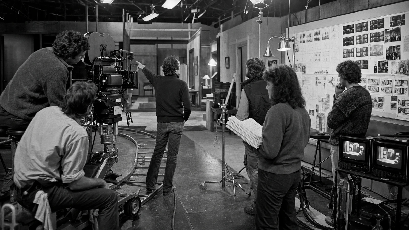 A 1980s film crew rehearses a tracking shot beside a 35mm camera, storyboard wall, and CRT monitors.