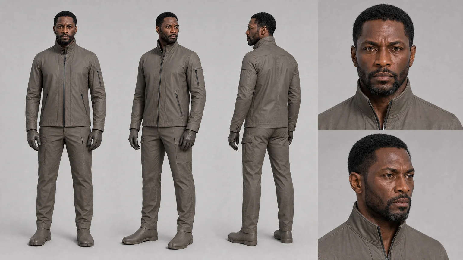 A character reference sheet showing face detail, front view, side view, and rear view wardrobe references.