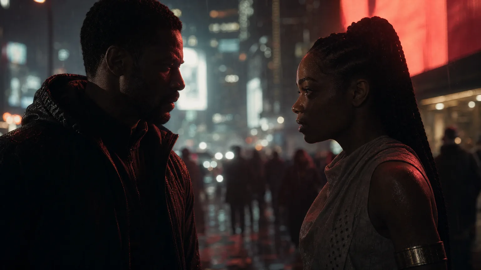 Two characters face each other in a rain-soaked city shot being reviewed as an AI video take.