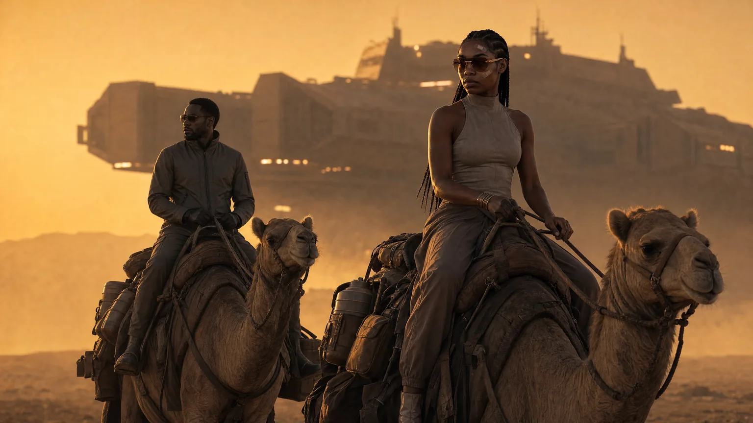 Two characters travel through a desert production scene with a large sci-fi structure in the background.