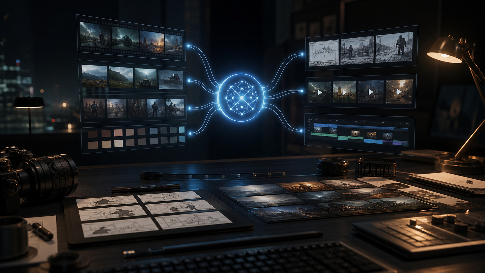 Cinematic AI video production desk with abstract access paths, shot cards, and video reference panels.